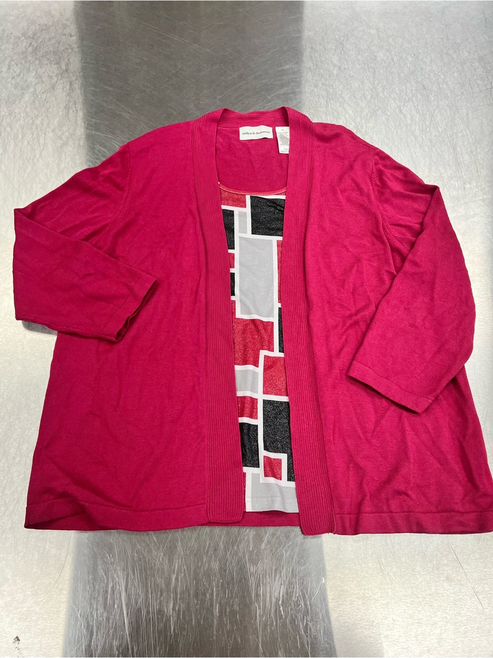 Alfred Dunner Women's Bright Fuchsia Open-Front Cardigan with Geo-Print Shell XL